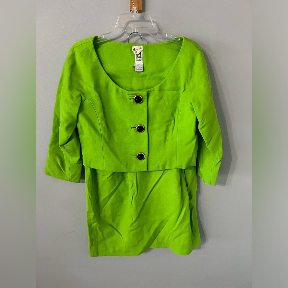 Vintage Anne Klein Lime Green Crop Blazer & Skirt Suit Black Buttons 100% Wool